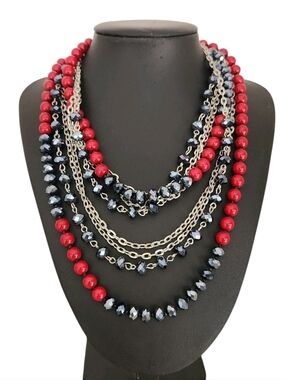 Red Black Glass Beads Long Layered Necklace Silver Tone Detachable Beaded Strand